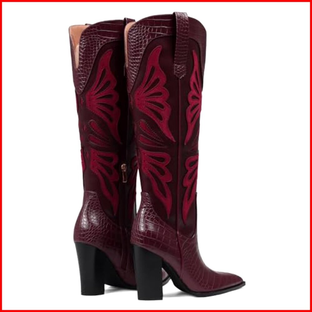 Pointed Toe Knee High Western Boots Chunky Heel Wide Calf Zipper - Picture 7 of 7